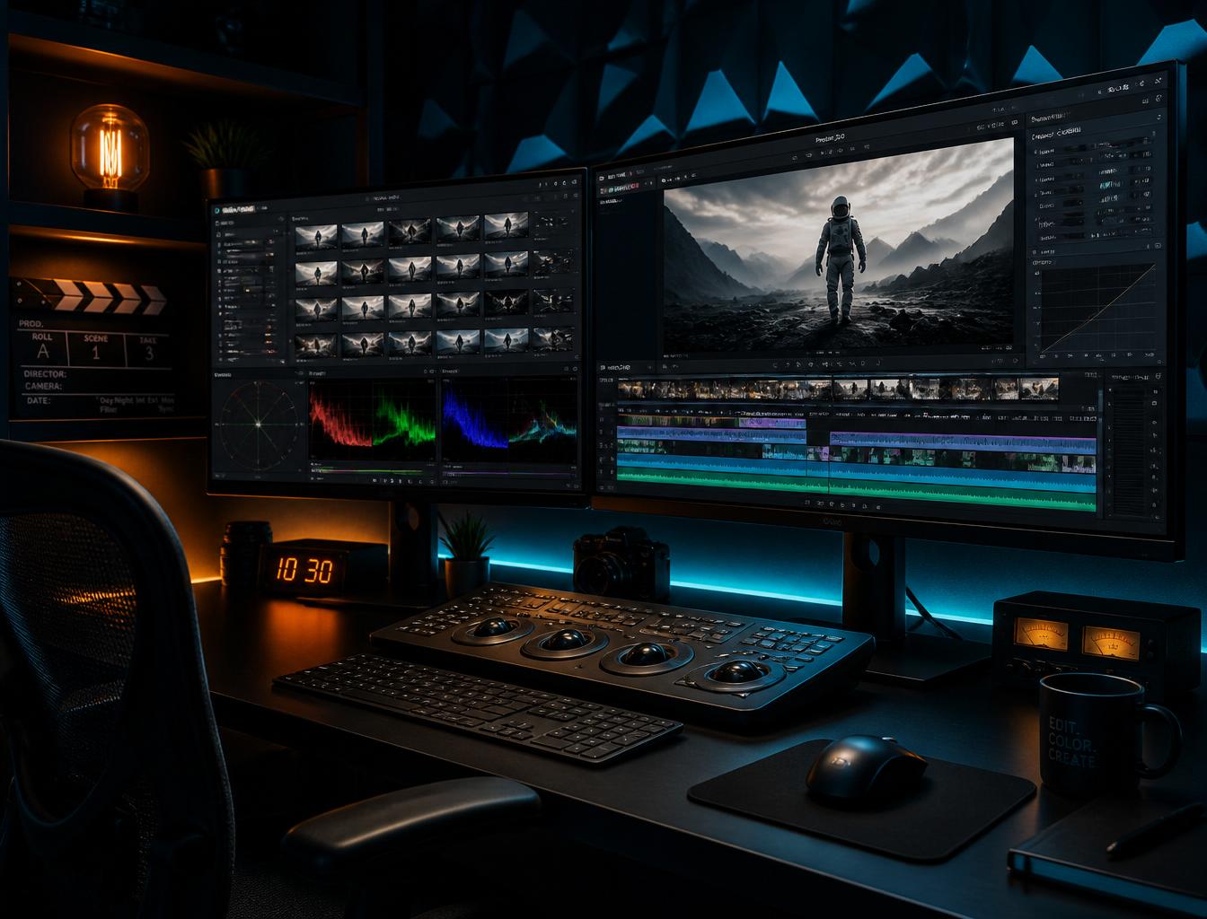 FrameCut Pro video editing workspace showing a dark professional timeline interface